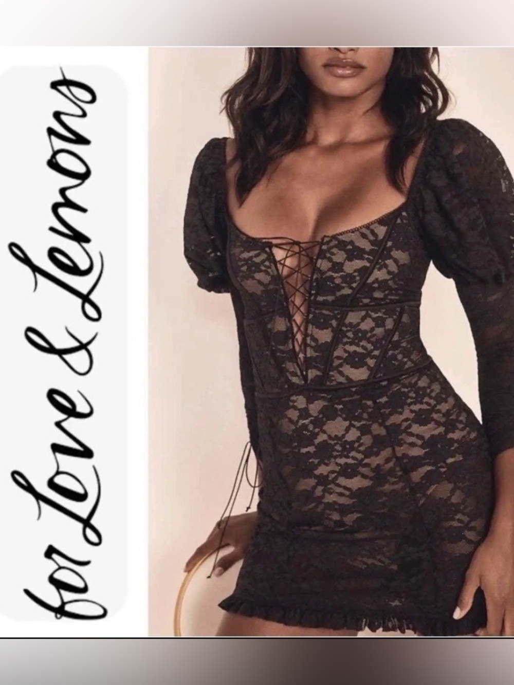 For Love & Lemons Violetta Black Lace Corset Mini Dress sz M